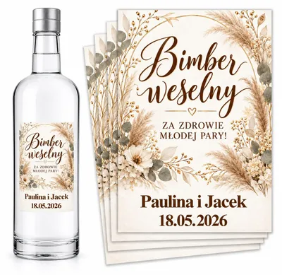 Produktbild von Flaschenetiketten – zur Hochzeit – „Bimber Weselny” – Blumen – #116 – 8 Stück