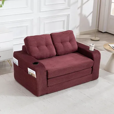 Obrázek produktu pro okwish Dvoumístná pohovka, modulární pohovka s držáky na nápoje a bočními kapsami, relaxační pohovka, pohovka do obývacího pokoje s prošívanými polštáři a opěradlem, vínová