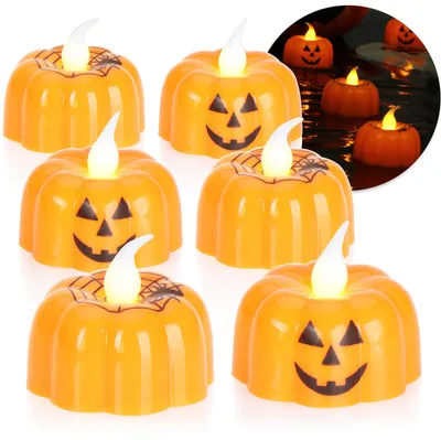 Produktbild von com-four® 6x LED Teelichter Halloween - flackernde Teelichter in Kürbisform - batteriebetriebene LED-Kerzen - Stimmungsbeleuchtung für Kürbisse