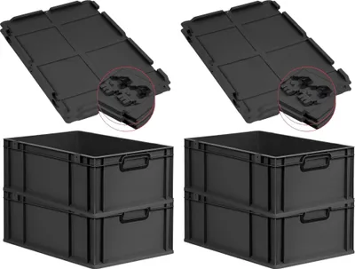 Produktbild von SuperSparSet 4x Eurobox NextGen Color mit Scharnierdeckel und Schiebeschnappverschlüssen | HxBxT 22x40x60cm | 44 Liter | Schwarz | Griffe schwarz geschlossen | Verstärkter Boden | Eurobehälter, Transportbox, Transportbehälter, Stapelbehälter