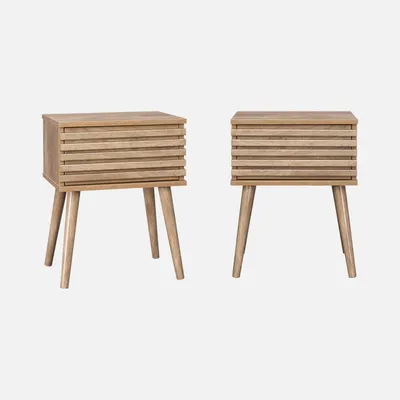 Two identical wooden nightstands with slatted fronts and tapered legs are shown against a plain light gray background.