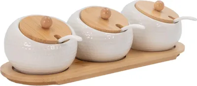 Produktbild von Intirilife 3er Set Porzellan Gewürzdosen, Zuckerdose in Weiß - Braun mit Deckel und Löffel - 30.5 x 12 x 8.5 cm - Schale Dose Spender mit Tablet Gewürzdose