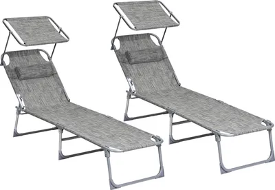 Two grey lounge chairs with canopies are shown against a white background.