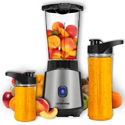 A Lehmann brand blender with a jar filled with peaches, a finished smoothie in a portable bottle, and other fruits arranged around it.