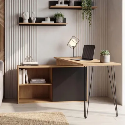 Produktbild von FineBuy Schreibtisch MDF Metall 130cm Eiche Nachbildung L Form Design Eckschreibtisch mit Schrank Computertisch Schreibtischkombination Stauraum Hairpin