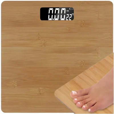 Obrázok produktu pre Elektronická váha do kúpeľne s dizajnom bambusu, kapacita 180 kg, LCD displej, pamäť, zobrazenie teploty
