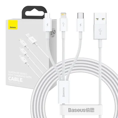 Produktbild von Baseus Superior, 1,5 m, USB A, USB C/Micro USB A/Lightning, USB 2.0, 0,48 Gbit/s, Weiß
