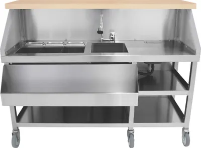 Produktbild von Mobile Cocktail-Bar-Station aus Edelstahl, Serviertheke für Event-Vorbereitungen, Räder, isolierte Eisbrunnen, Regale, Waschbecken, Mischbatterie, Gastro-Töpfe, Messerhalter, Magnete und Radiergummis