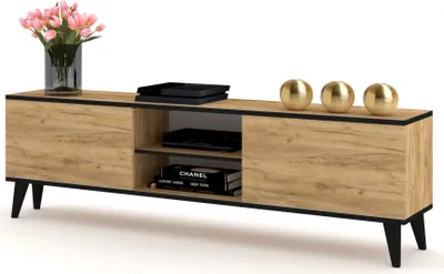 Produktbild von TV-Lowboard TV-Schrank RTV King Modern Fernsehschrank Skandi Golden Craft Eiche/Schwarze Rant 140cm