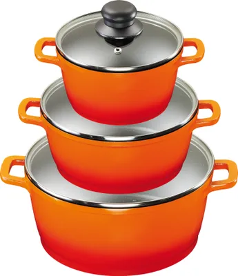 Produktbild von 3/6tlg. KING® Kochtopfset Aluguss Orange / Größen ca.  Ø16,  Ø20,  Ø24cm / langlebige Keramikbeschichtung Innen: FUSION® TI