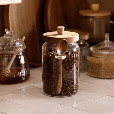 Obrázek produktu pro Nádoby na potraviny, skladovací nádoby, nádoby na skladování potravin, skladovací nádoby s akátovou lžičkou 0,9 l HOMLA