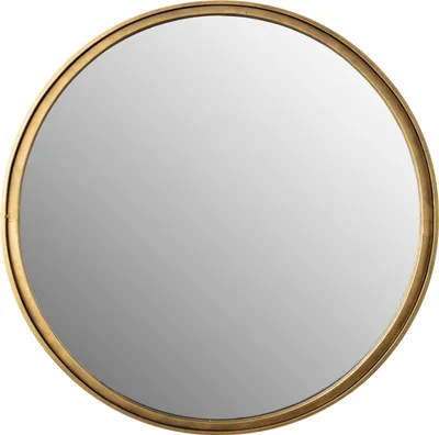 A round mirror with a gold frame against a white background.