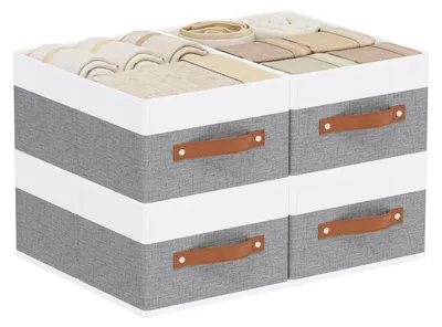 Produktbild von Set mit 4 faltbaren Aufbewahrungsboxen aus Stoff mit Griffen, Kleiderschrank-Organizer, Kleiderkorb, 33 × 23 × 14 cm, weiß