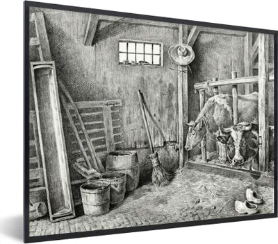 Produktbild von MuchoWow® MuchoWow® Gerahmtes Poster Pferdestall mit zwei Kühen - Gemälde von Jean Bernard 40x30 cm - Poster mit zchwarzem Bilderrahmen - Kunstposter - Wanddekorationen