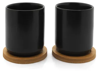 Keramische Teetasse 2er-Set mit Holzuntersetzern, 200 ml, Schwarz