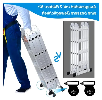 Produktbild von 4x4 Stufen Aluminium Mehrzweckleiter bis 150 kg, 4,7 m Multifunktionsleiter mit Plattform, Leiter mit 2 Gerüstplatten, Trittleiter, Klappleiter 16 Stufen, Silber