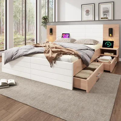 Produktbild von Flieks Doppelbett Holzbett 180x200cm mit Nachttisch, Stauraumbett Jugendbett mit USB, Funktionsbett mit Leselicht und Schubladen, Naturbelassen
