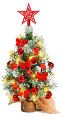 Obrázok produktu pre Miniatúrny vianočný stromček ISOISL, výška 40 cm, červený, s 30 LED svetielkami, drevený podstavec a vianočné ozdoby, vhodný ako dekorácia na stôl v interiéri