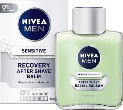 A product shot of Nivea Men Sensitive Recovery After Shave Balm, with its packaging visible.