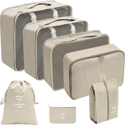 Produktbild von 7-teiliges Set Packwürfel zur Gepäckaufbewahrung. Reisekoffer- und Kleiderorganizer.