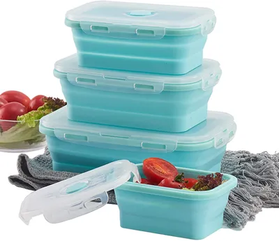 Produktbild von 4Stück Frischhaltedosen,Faltbare Frischhalteboxen,Silikon Zusammenklappbare Lunch Bento Box für Mikrowellen, Kühlschränke