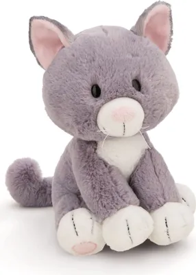 A stuffed gray cat sitting on a white background.
