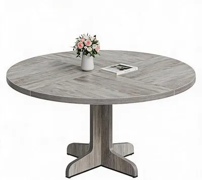 Image de Table ronde pour 4 à 6 personnes, table de salle à manger de 120 cm avec base en bois, table ronde moderne, table de cuisine compacte en bois au design industriel, style rustique pour salles à manger et petits espaces