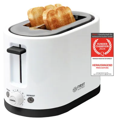 Produktbild von TZS First Austria Doppel Kurzschlitz Toaster, 2 Scheiben, weiß, 750W, 7 Stufen, Warmhalte- und Auftaufunktion, inkl. Krümelschale