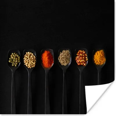 Produktbild von MuchoWow® Poster Löffel - Gewürze - Schwarz - Gewürze - Rustikal 30x30 cm - Wandposter - Printing