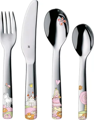 Produktbild von WMF Prinzessin Anneli Kinderbesteck Set 4-teilig, Besteck Mädchen Edelstahl, für Kinder ab 3 Jahre, altersgerechte Größe und Form, Cromargan poliert