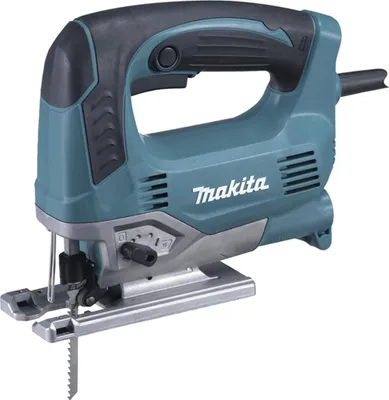 A teal and black Makita jigsaw is shown against a white background.