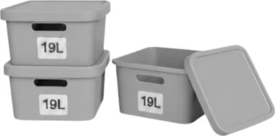 Produktbild von Plastard Boxen 19 L, 3er-Set, stapelbar, BPA-frei, Grau, mit Deckel
