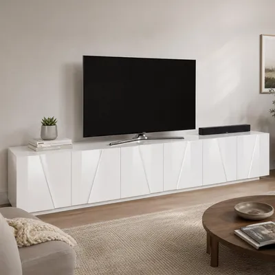 Image de Aemilor - Meuble TV, 244x44x46h cm Blanc Brillant, étagère Fabriqué en Italie