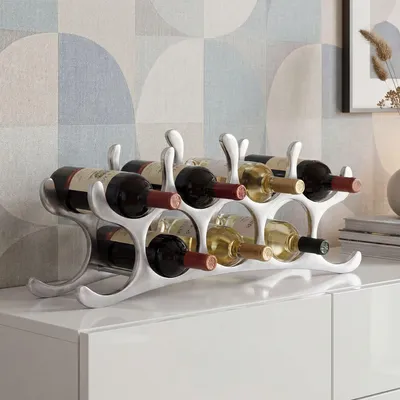 Obrázok produktu pre Hliníkový stojan na víno FineBuy na 9 fliaš, strieborný, 55 x 20 x 12 cm – stojan na fľaše, príslušenstvo na víno, elegantný moderný kovový Imitácia, držiak na fľaše vína, úzky kuchynský regál