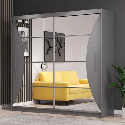 Image de Armoire à portes coulissantes Greenwich, chambre à coucher, armoire 203 cm, gris/gris avec miroirs, poignées en PVC couleur aluminium