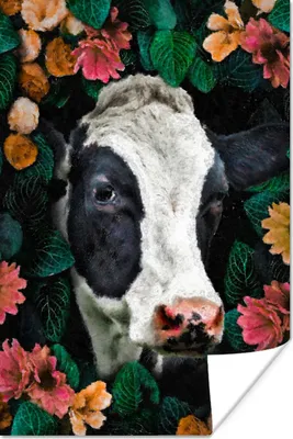 Produktbild von MuchoWow® Poster Kuh - Blumen - Blätter - Tiere 40x60 cm - Plakate für die Wand - Poster Babyzimmer