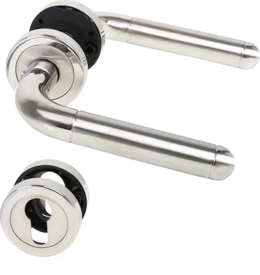 A pair of stainless steel door handles and a keyhole escutcheon are displayed against a white background.
