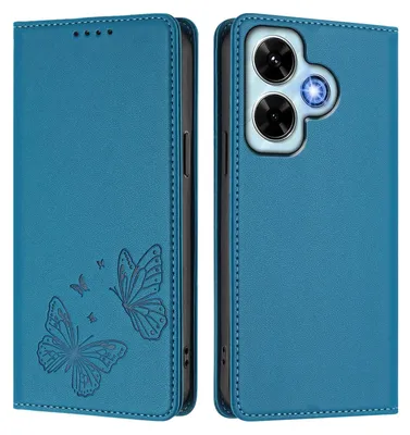 Produktbild von Lederhülle für Xiaomi Redmi Note 13 4G, Schmetterling Prägung Leder Brieftasche Schutzhülle mit Ständer Blau