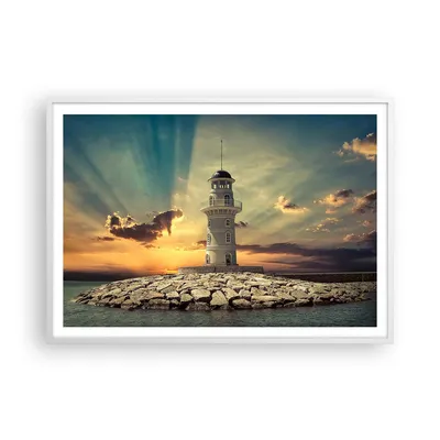 Produktbild von Gerahmtes Poster - Weißer Rahmen - Leuchtturm Wasser Meer Steine - 100x70 cm - Wand Bild - Wanddeko - Wandbilder - Wandposter - Bilderrahmen - Bilder - Kunstdruck - Wandbild - P2WAA100x70-2895