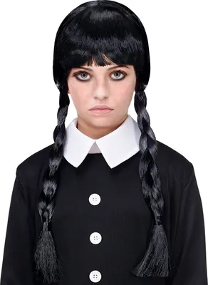 Image de Dark Girl Perruque Wednesday pour enfants avec tresses et frange 4691| Noir
