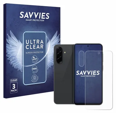 A product shot of a phone screen protector packaging, a smartphone, and a screen protector.
