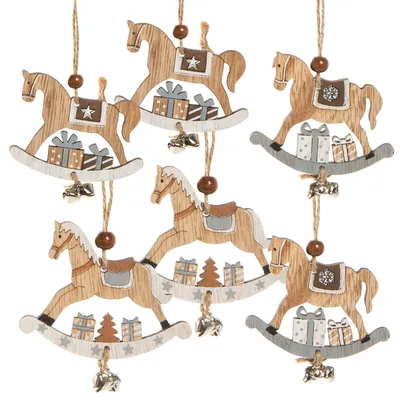 6 Holz-Schaukelpferd-Anhänger, Weihnachtsbaumschmuck, 8 cm