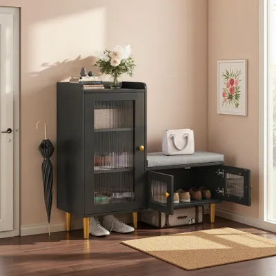Image de Armoire à chaussures INONEFT avec banc intégré, étagère à chaussures fermée avec 2 étagères réglables et 3 portes, idéale pour l'entrée et le couloir, dimensions : 100 x 69,5 x 35 cm, couleur : noir