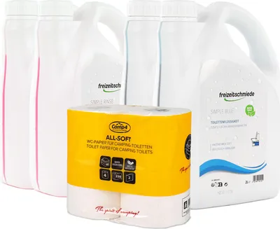 Produktbild von Freizeitschmiede Set Sanitärzusatz 2x Simple Blue & 2x Simple Rinse je 2L & 1x All Soft 4 Rollen Toilettenpapier Campingtoilette Sanitärflüssigkeit