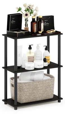 Image de Étagère compacte multifonctionnelle Furinno, 3 niveaux, en bois, couleur espresso/noir, dimensions : 75,18 x 59,94 x 29,46 cm – Tubes ronds