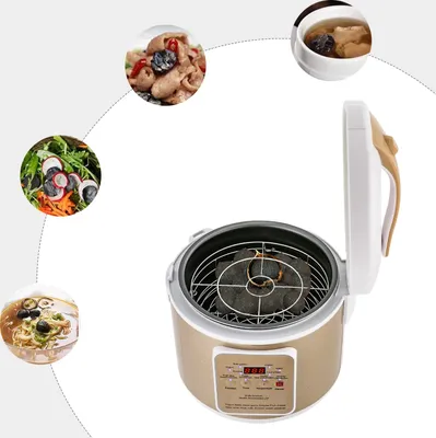 A collage showing a black garlic fermenter with inset images of food.