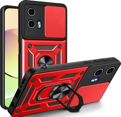A red and black phone case with a camera cover and ring holder is displayed.