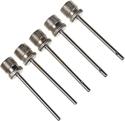 A group of five metal inflation needles with threaded bases and small holes at the tips, arranged diagonally on a white background.