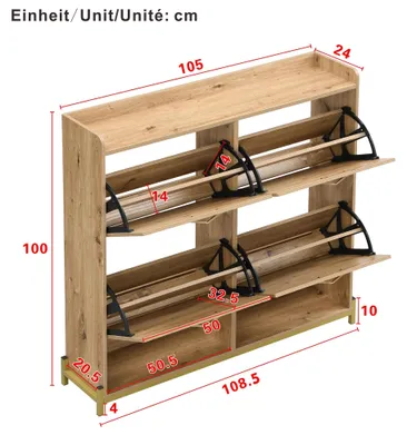 Produktbild von Schuhschrank - 4-türiges Modell - Holzmaserung - Platzsparend - Schuhaufbewahrung - Für Eingangsbereich/Flur/Diele