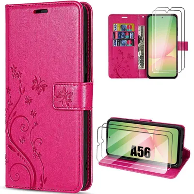 Image de Coque + 2 Verres Trempés pour Samsung Galaxy A56 5G, Protection Antichoc Cuir Synthétique Motif Relief Papillon Fuchsia